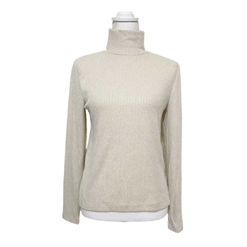 St. John NWT Turtleneck Long Sleeve Metallic Ribbed Top Cream Gold Womens Size M
